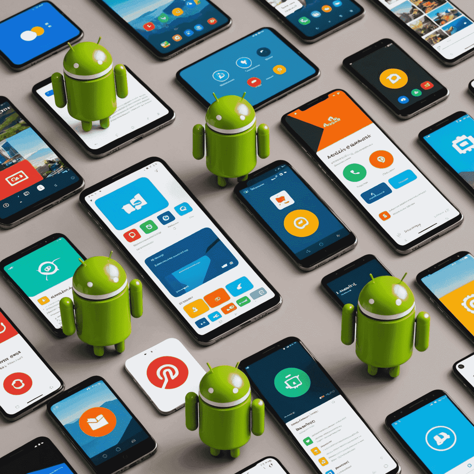 Imagen que muestra varios dispositivos Android con aplicaciones modernas en sus pantallas, representando las tendencias de desarrollo de aplicaciones Android en 2024