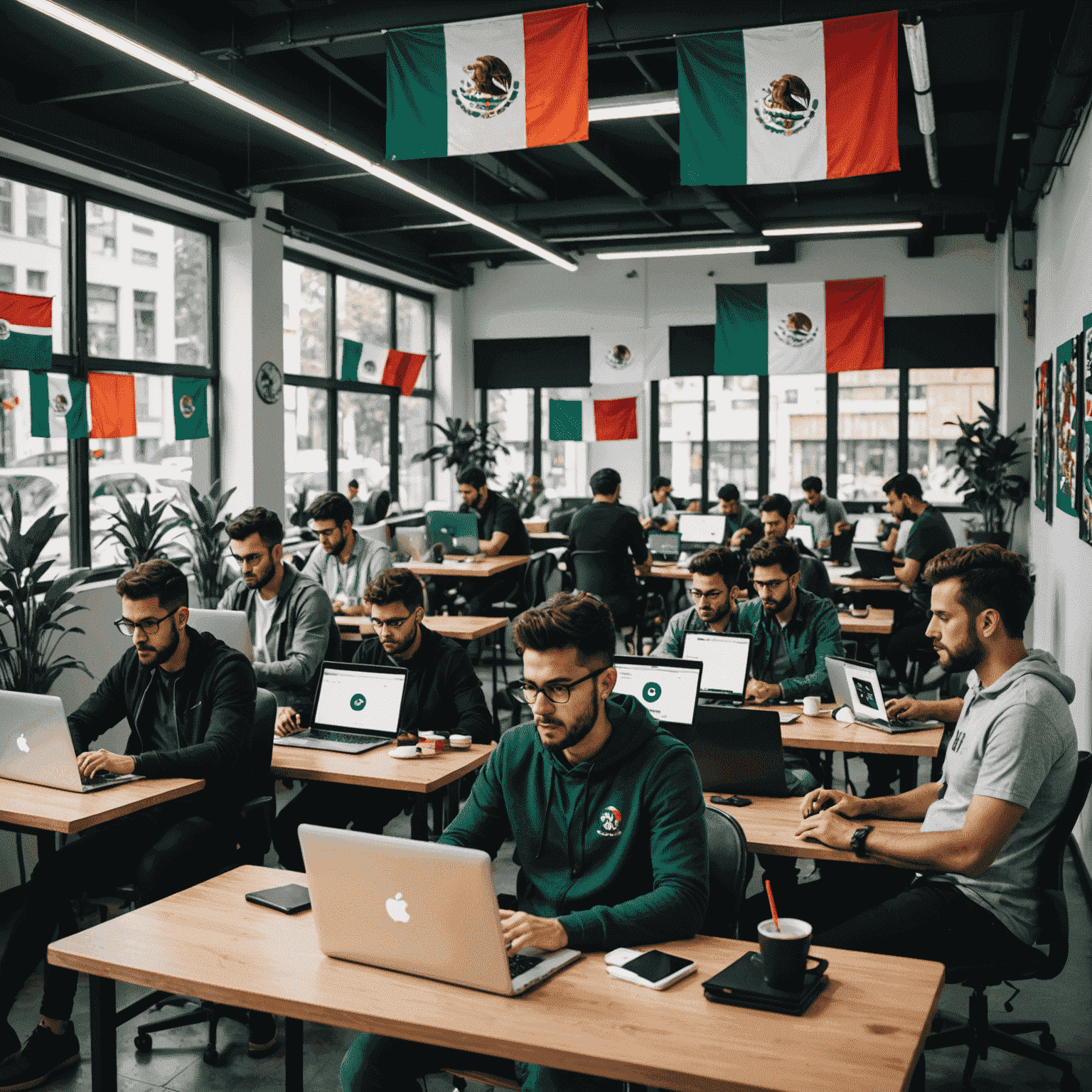 Imagen de un moderno espacio de coworking en Ciudad de México lleno de desarrolladores trabajando en sus laptops, con banderas mexicanas y logotipos de Android visibles