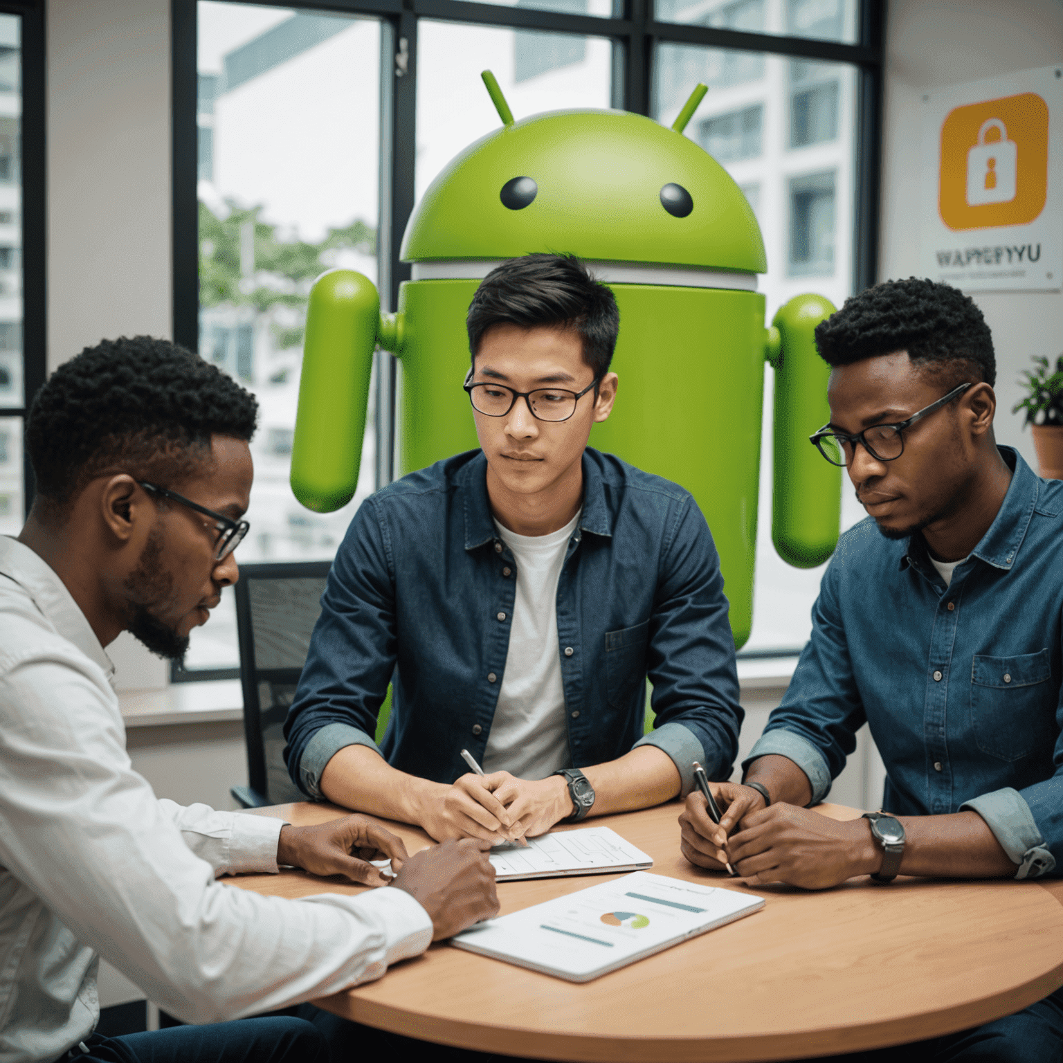 Diversos miembros del equipo de wapegyu_pro colaborando en un proyecto de aplicación móvil Android