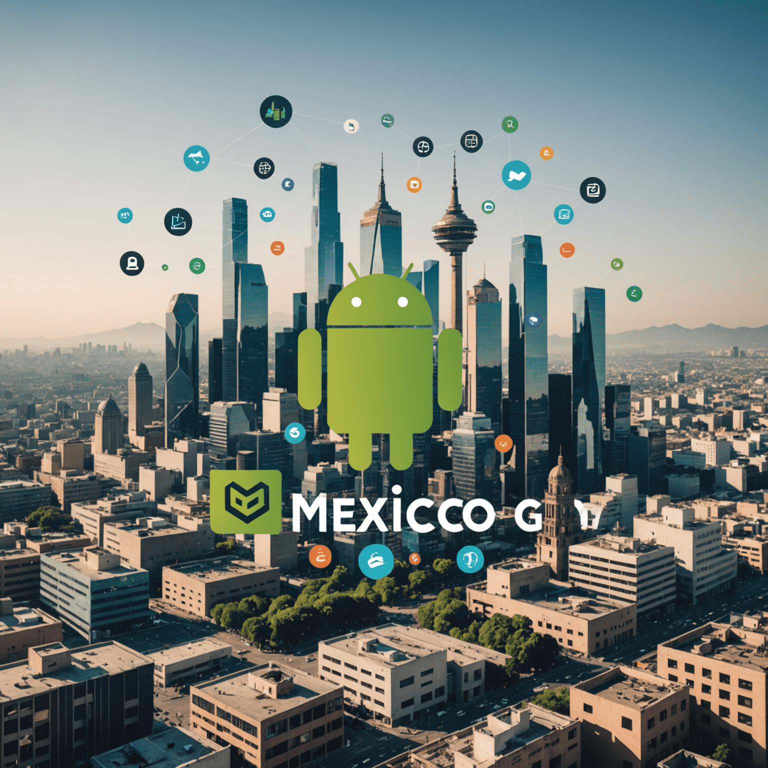 Imagen que muestra el horizonte de la Ciudad de México con iconos de tecnología y el logo de Android superpuestos, representando la creciente escena tecnológica en México