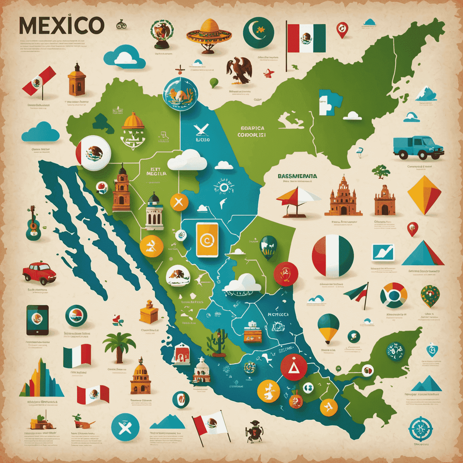 Imagen que muestra un mapa de México con iconos de tecnología y desarrollo de aplicaciones, representando la creciente escena tecnológica del país