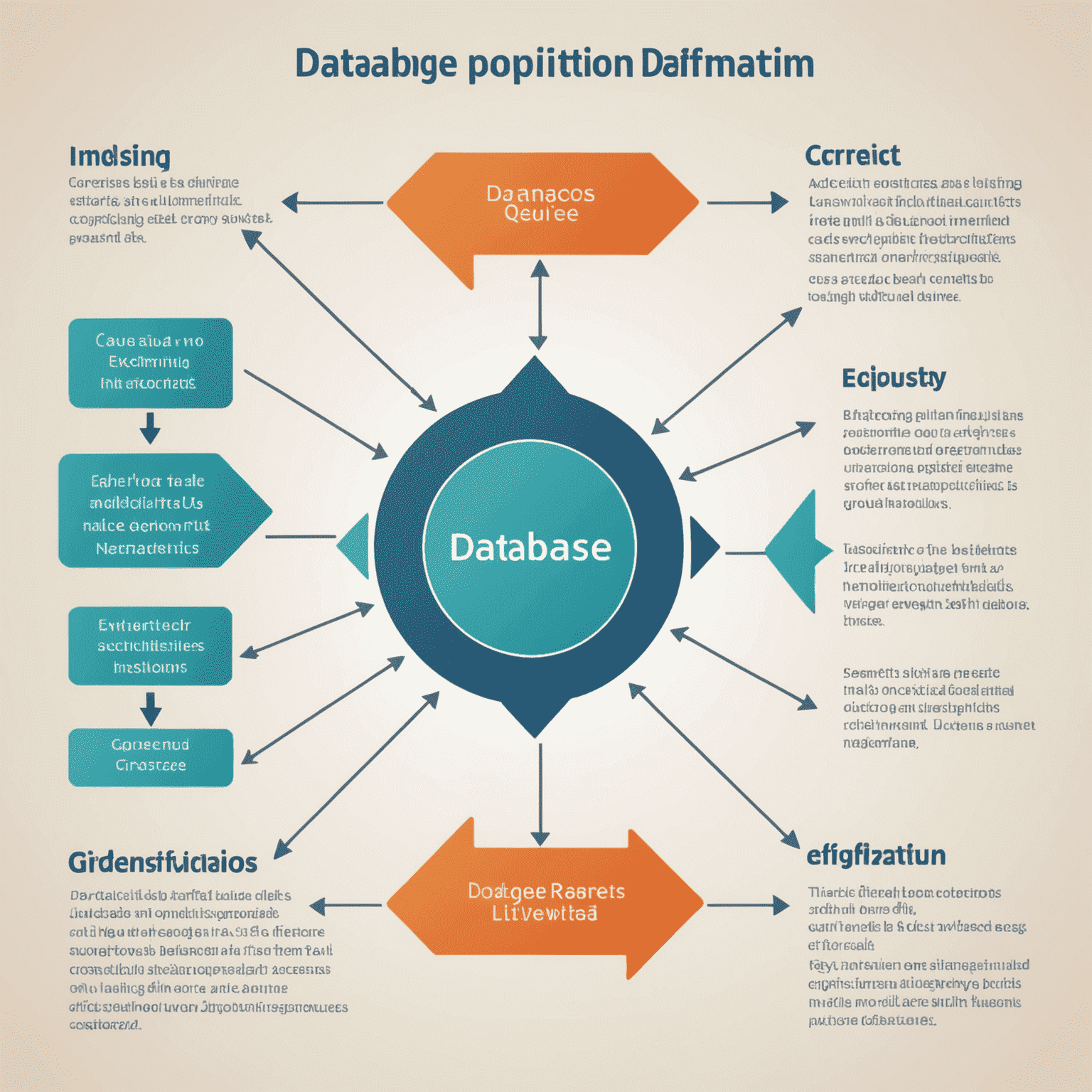 Imagen que muestra un diagrama de optimización de base de datos con flechas apuntando a diferentes aspectos como indexación y consultas eficientes